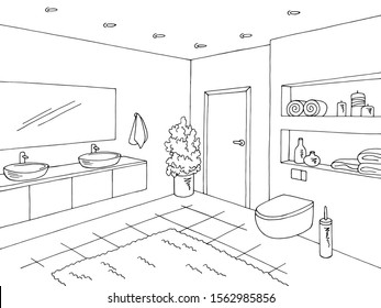 Bathroom graphic home interior black white sketch illustration vector