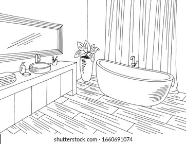 Bathroom graphic home interior black white sketch illustration vector