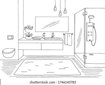 Bathroom graphic home interior black white sketch illustration vector