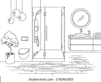 Bathroom graphic home interior black white sketch illustration vector