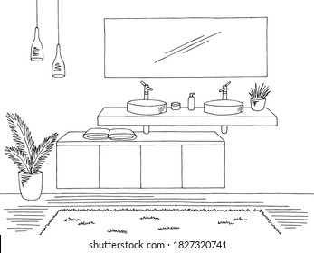 Bathroom graphic home interior black white sketch illustration vector