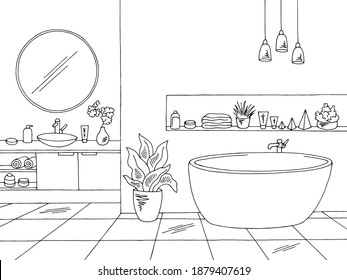Bathroom graphic home interior black white sketch illustration vector