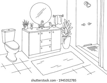 Bathroom graphic home interior black white sketch illustration vector