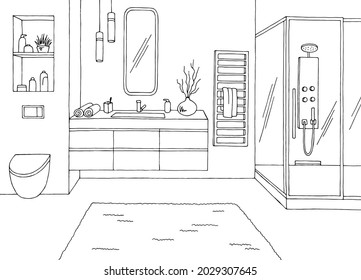 Grafik-Badezimmer Inneneinrichtung Schwarz-Weiß-Skizze Vektorgrafik 