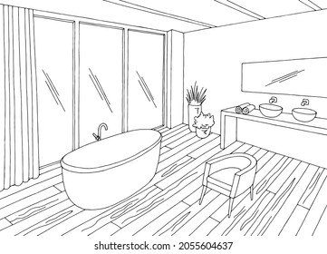 Vector de ilustración de sketch en blanco negro en el interior del cuarto de baño 