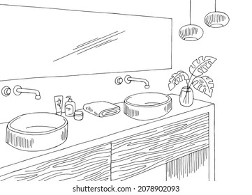 Bathroom graphic home interior black white sketch illustration vector 