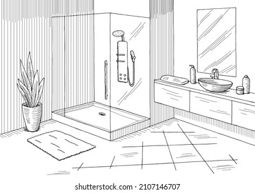 Bathroom graphic home interior black white sketch illustration vector 