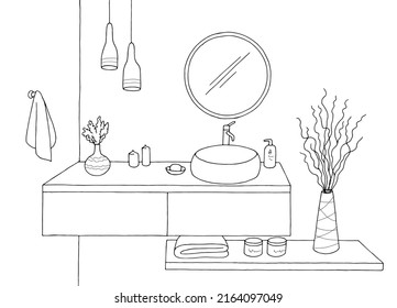 Bathroom graphic home interior black white sketch illustration vector 