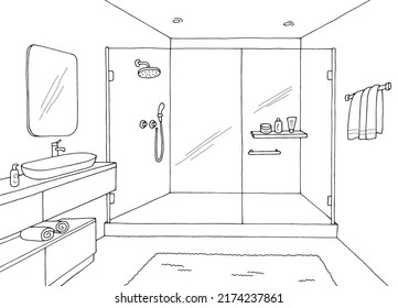 Bathroom graphic home interior black white sketch illustration vector 