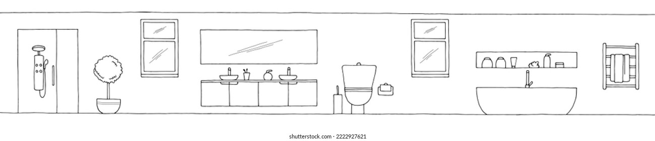 Bathroom graphic home interior black white long sketch illustration vector 