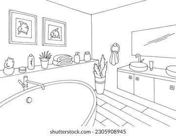 Bathroom graphic home interior black white sketch illustration vector 