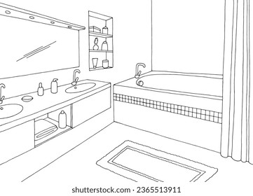 Bathroom graphic home interior black white sketch illustration vector 