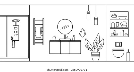 Bathroom graphic home interior black white sketch illustration vector 