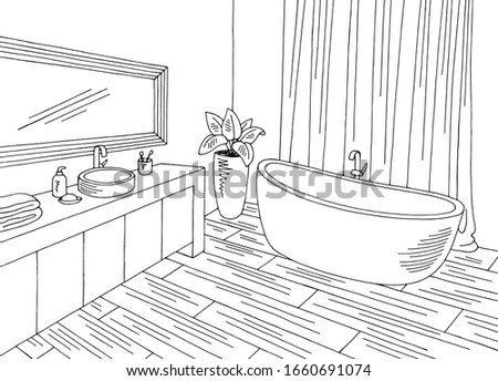 Bathroom graphic home interior black white sketch illustration vector