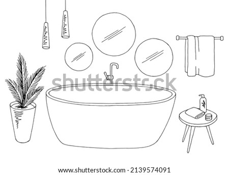 Bathroom graphic home interior black white sketch isolated illustration vector 