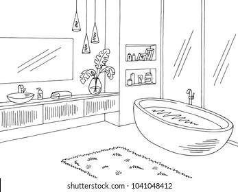 Bathroom graphic interior black white sketch illustration vector