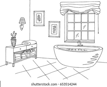 Bathroom graphic interior black white sketch illustration vector