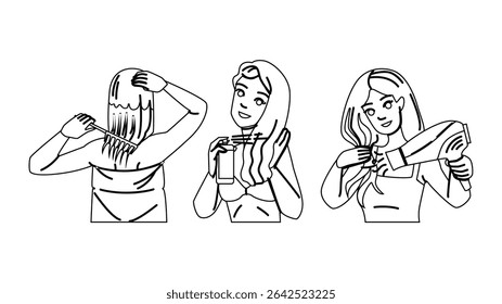 vetor de mulher de cuidados com o cabelo do banheiro. espelho de saúde, escova longa, pentear o cabelo saudável do banheiro personagem da mulher. pessoas linha preta lápis desenho ilustração