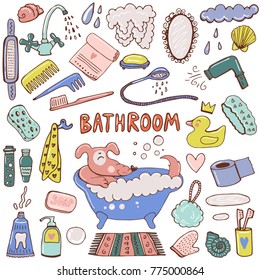 Bathroom hand drawn colorful doodles. Hand drawn vector illustration, collection of cute cartoon elements. Kids theme.