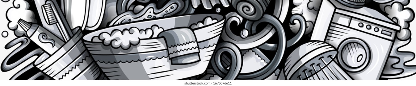 Bathroom hand drawn doodle banner. Cartoon detailed flyer. Bath room identity with objects and symbols. Monochrome vector design elements background