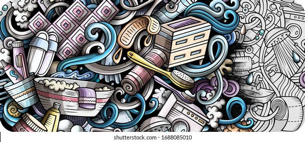 Bathroom hand drawn doodle banner. Cartoon detailed flyer. Bath room identity with objects and symbols. Color vector design elements background