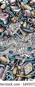 Bathroom hand drawn doodle banner. Cartoon detailed flyer. Bath room identity with objects and symbols. Color vector design elements background