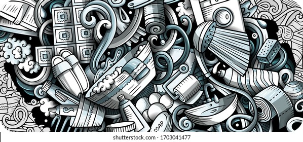 Cartel de doodle dibujado a mano en el baño. Folleto detallado. Identidad del cuarto de baño con objetos y símbolos. Fondo de los elementos de diseño vectorial monocromo