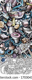 Cartel de doodle dibujado a mano en el baño. Folleto detallado. Identidad del cuarto de baño con objetos y símbolos. Fondo de los elementos de diseño del vector de color