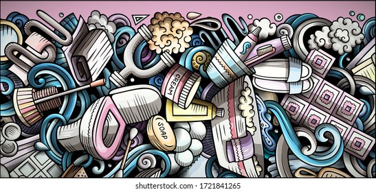 Bathroom hand drawn doodle banner. Cartoon detailed flyer. Bath room identity with objects and symbols. Color vector design elements background