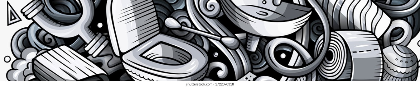 Bathroom hand drawn doodle banner. Cartoon detailed flyer. Bath room identity with objects and symbols. Monochrome vector design elements background