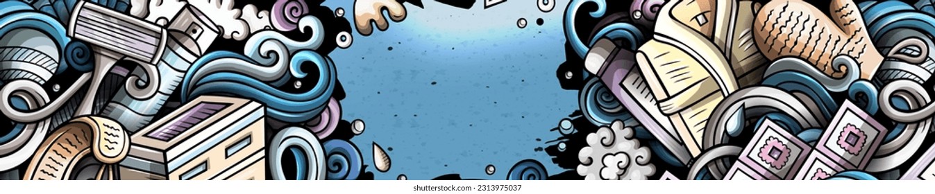 Cartel de doodle dibujado a mano en el cuarto de baño. Caricatura detallada. Identidad del cuarto de baño con objetos y símbolos. Fondo de los elementos de diseño del vector de color