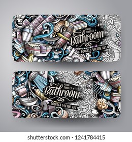 Bathroom hand drawn doodle banners set. Cartoon detailed flyers. Bath identity with objects and symbols. Color vector design elements illustration