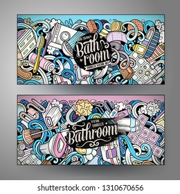 Bathroom hand drawn doodle banners set. Cartoon detailed flyers. Bath identity with objects and symbols. Color vector design elements illustration