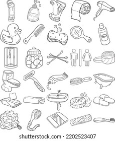 Bathroom Hand Drawn Doodle Line Art Outline Set Containing Comb, Brush, Bathtub, Toothbrush, Toothpaste, Shower stall, Mirror, Sink, Faucet, Liquid soap, Toilet, Towel, Hairdryer, Shampoo, Soap