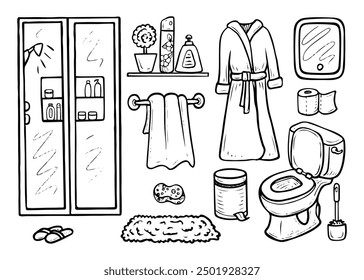 Bathroom hand drawn doodle. Toilet interior. Shower, robe, towel, mirror, rug, toilet paper, trash can, slippers. Home decor, furniture. Vector outline line art illustration.