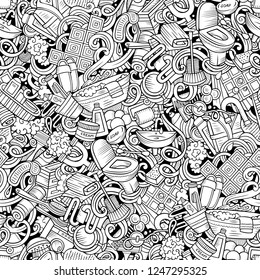 Bathroom hand drawn doodles seamless pattern. WC background. Cartoon fabric print design. Line art vector illustration. All objects are separate.
