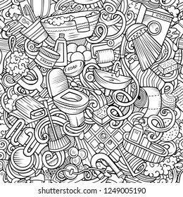 Bathroom hand drawn doodles seamless pattern. WC background. Cartoon fabric print design. Line art vector illustration. All objects are separate.