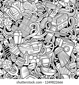 Bathroom hand drawn doodles seamless pattern. WC background. Cartoon fabric print design. Line art vector illustration. All objects are separate.