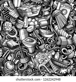 Bathroom hand drawn doodles seamless pattern. WC background. Cartoon fabric print design. Monochrome vector illustration. All objects are separate.