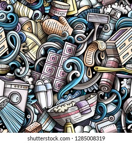 Bathroom hand drawn doodles seamless pattern. WC background. Cartoon fabric print design. Colorful vector illustration. All objects are separate.