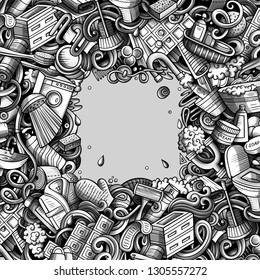 Bathroom hand drawn vector doodles illustration. Bath room frame card design. Interior elements and objects cartoon background. Monochrome funny border. All items are separated