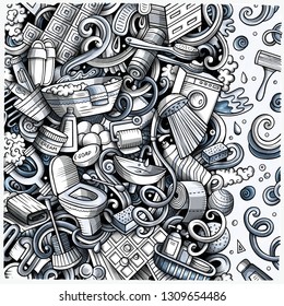 Bathroom hand drawn vector doodles illustration. Bath room frame card design. Interior elements and objects cartoon background. Monochrome funny border. All items are separated