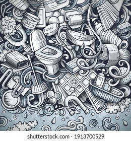 Bathroom hand drawn vector doodles illustration. Bath room frame card design. Interior elements and objects cartoon background. Monochrome funny border.