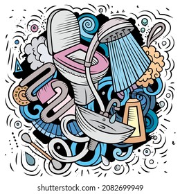 Bathroom hand drawn vector doodles illustration. Bath room poster design. Interior elements and objects cartoon background.