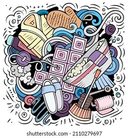 Ilustración de doodles vectoriales dibujados a mano en el baño. Diseño de afiches en la sala de baño. Fondo de dibujos animados de elementos interiores y objetos.