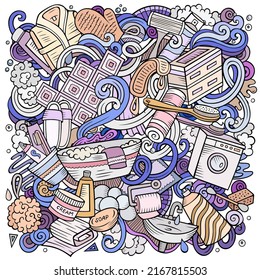 Bathroom hand drawn vector doodles illustration. Bath room poster design. Interior elements and objects cartoon background. Bright colors funny picture. All items are separated