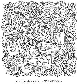 Bathroom hand drawn vector doodles illustration. Bath room poster design. Interior elements and objects cartoon background. Sketchy funny picture. All items are separated