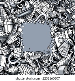 Bathroom hand drawn vector doodles illustration. Bath room frame card design. Interior elements and objects cartoon background. Monochrome funny border.