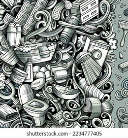 Ilustración de doodles vectoriales dibujados a mano en el baño. Diseño de la tarjeta de marco de la sala de baño. Fondo de dibujos animados de elementos interiores y objetos. Borde divertido monocromo.