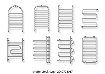 Bathroom heated towel rail set. Metal chrome radiators for drying wet clothes. Towel dryer. Vector illustration isolated on white background.